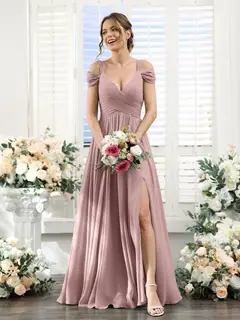 A-Line/Princess V-Neck Floor-Length Chiffon Bridesmaid Dresses with Split Side & Ruched — view 30