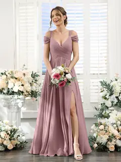 A-Line/Princess V-Neck Floor-Length Chiffon Bridesmaid Dresses with Split Side & Ruched — view 31
