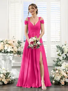 A-Line/Princess V-Neck Floor-Length Chiffon Bridesmaid Dresses with Split Side & Ruched — view 33