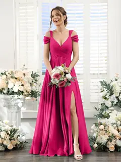 A-Line/Princess V-Neck Floor-Length Chiffon Bridesmaid Dresses with Split Side & Ruched — view 34