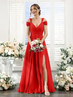 A-Line/Princess V-Neck Floor-Length Chiffon Bridesmaid Dresses with Split Side & Ruched — view 36