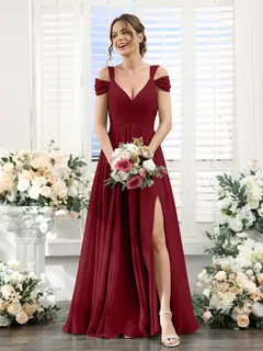 A-Line/Princess V-Neck Floor-Length Chiffon Bridesmaid Dresses with Split Side & Ruched — view 37