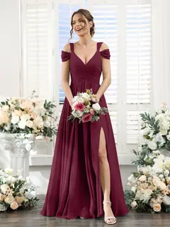 A-Line/Princess V-Neck Floor-Length Chiffon Bridesmaid Dresses with Split Side & Ruched — view 38