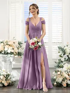 A-Line/Princess V-Neck Floor-Length Chiffon Bridesmaid Dresses with Split Side & Ruched — view 40