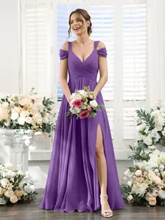 A-Line/Princess V-Neck Floor-Length Chiffon Bridesmaid Dresses with Split Side & Ruched — view 42