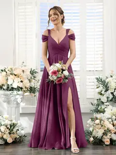 A-Line/Princess V-Neck Floor-Length Chiffon Bridesmaid Dresses with Split Side & Ruched — view 44