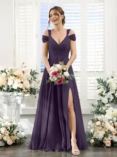 A-Line/Princess V-Neck Floor-Length Chiffon Bridesmaid Dresses with Split Side & Ruched — view 45