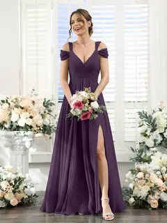 A-Line/Princess V-Neck Floor-Length Chiffon Bridesmaid Dresses with Split Side & Ruched — view 46