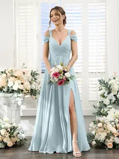A-Line/Princess V-Neck Floor-Length Chiffon Bridesmaid Dresses with Split Side & Ruched — view 47