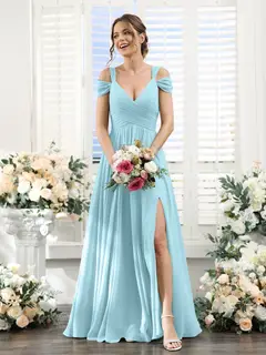 A-Line/Princess V-Neck Floor-Length Chiffon Bridesmaid Dresses with Split Side & Ruched — view 49