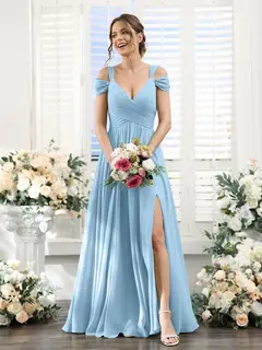 A-Line/Princess V-Neck Floor-Length Chiffon Bridesmaid Dresses with Split Side & Ruched — view 50