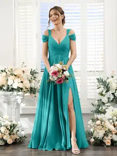 A-Line/Princess V-Neck Floor-Length Chiffon Bridesmaid Dresses with Split Side & Ruched — view 52