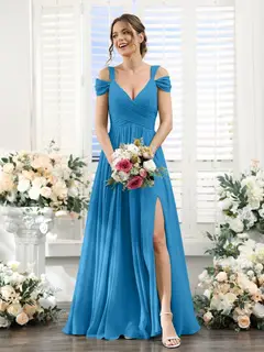 A-Line/Princess V-Neck Floor-Length Chiffon Bridesmaid Dresses with Split Side & Ruched — view 53