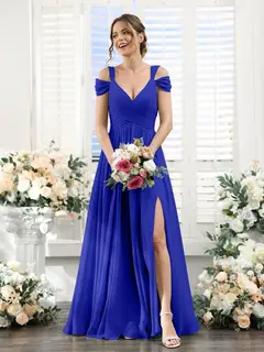 A-Line/Princess V-Neck Floor-Length Chiffon Bridesmaid Dresses with Split Side & Ruched — view 55