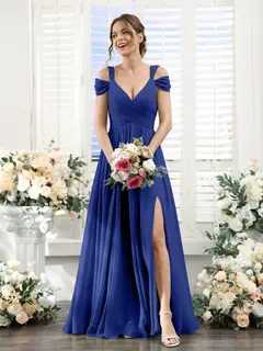 A-Line/Princess V-Neck Floor-Length Chiffon Bridesmaid Dresses with Split Side & Ruched — view 56