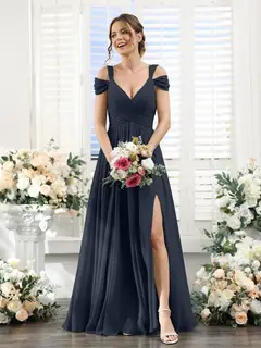 A-Line/Princess V-Neck Floor-Length Chiffon Bridesmaid Dresses with Split Side & Ruched — view 59