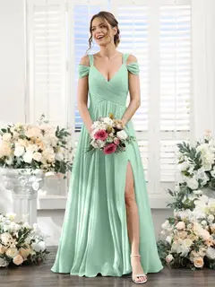 A-Line/Princess V-Neck Floor-Length Chiffon Bridesmaid Dresses with Split Side & Ruched — view 61
