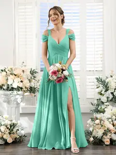 A-Line/Princess V-Neck Floor-Length Chiffon Bridesmaid Dresses with Split Side & Ruched — view 62