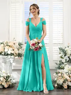 A-Line/Princess V-Neck Floor-Length Chiffon Bridesmaid Dresses with Split Side & Ruched — view 63