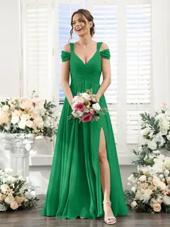 A-Line/Princess V-Neck Floor-Length Chiffon Bridesmaid Dresses with Split Side & Ruched — view 64
