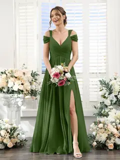 A-Line/Princess V-Neck Floor-Length Chiffon Bridesmaid Dresses with Split Side & Ruched — view 65