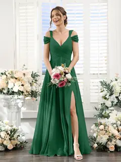 A-Line/Princess V-Neck Floor-Length Chiffon Bridesmaid Dresses with Split Side & Ruched — view 67