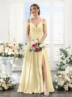 A-Line/Princess V-Neck Floor-Length Chiffon Bridesmaid Dresses with Split Side & Ruched — view 68