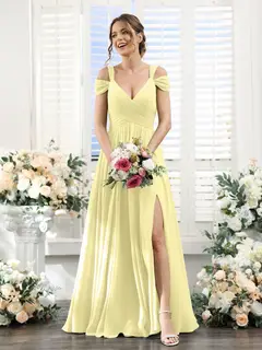 A-Line/Princess V-Neck Floor-Length Chiffon Bridesmaid Dresses with Split Side & Ruched — view 69
