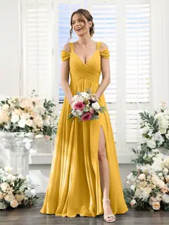 A-Line/Princess V-Neck Floor-Length Chiffon Bridesmaid Dresses with Split Side & Ruched — view 70