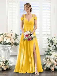 A-Line/Princess V-Neck Floor-Length Chiffon Bridesmaid Dresses with Split Side & Ruched — view 71