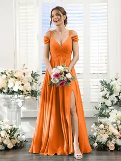 A-Line/Princess V-Neck Floor-Length Chiffon Bridesmaid Dresses with Split Side & Ruched — view 72