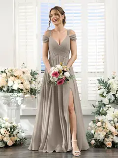 A-Line/Princess V-Neck Floor-Length Chiffon Bridesmaid Dresses with Split Side & Ruched — view 73