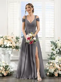 A-Line/Princess V-Neck Floor-Length Chiffon Bridesmaid Dresses with Split Side & Ruched — view 74