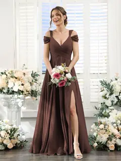 A-Line/Princess V-Neck Floor-Length Chiffon Bridesmaid Dresses with Split Side & Ruched — view 76