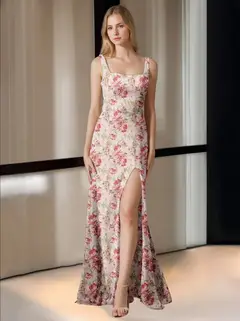 Sheath/Column Square Neck Floor-Length Printed Floral Bridesmaid Dresses with High Split — view 1