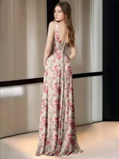 Sheath/Column Square Neck Floor-Length Printed Floral Bridesmaid Dresses with High Split — view 2