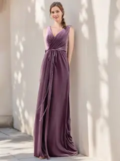 A-Line/Princess V-Neck Sleeveless Floor-Length Unique Bridesmaid Dresses with Ruffles — view 1