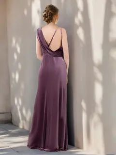 A-Line/Princess V-Neck Sleeveless Floor-Length Unique Bridesmaid Dresses with Ruffles — view 2