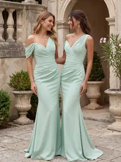 Trumpet/Mermaid Asymmetrical Bridesmaid Dresses With Sweep Train Silk Satin Sleeveless Floor-Length — view 1