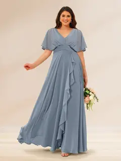 A-Line/Princess V-Neck Short Sleeves Plus Size Bridesmaid Dresses with Pockets — view 1