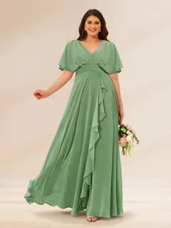 A-Line/Princess V-Neck Short Sleeves Plus Size Bridesmaid Dresses with Pockets — view 11