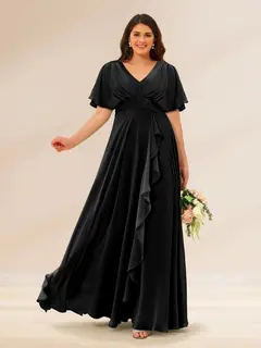A-Line/Princess V-Neck Short Sleeves Plus Size Bridesmaid Dresses with Pockets — view 13