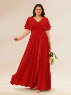 A-Line/Princess V-Neck Short Sleeves Plus Size Bridesmaid Dresses with Pockets — view 31