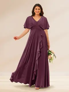 A-Line/Princess V-Neck Short Sleeves Plus Size Bridesmaid Dresses with Pockets — view 38