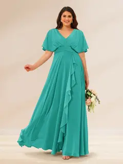 A-Line/Princess V-Neck Short Sleeves Plus Size Bridesmaid Dresses with Pockets — view 58