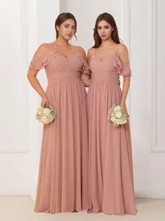 A-Line/Princess V-Neck Spaghetti Straps Sleeveless Floor-Length Chiffon Bridesmaid Dresses with Ruffles — view 2