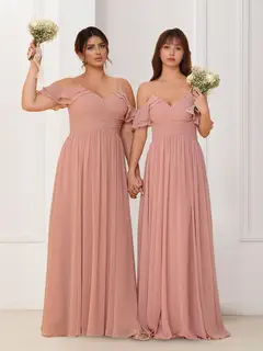 A-Line/Princess V-Neck Spaghetti Straps Sleeveless Floor-Length Chiffon Bridesmaid Dresses with Ruffles — view 3