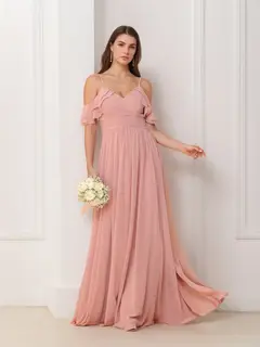 A-Line/Princess V-Neck Spaghetti Straps Sleeveless Floor-Length Chiffon Bridesmaid Dresses with Ruffles — view 4