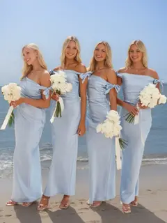 Sheath/Column Off-The-Shoulder Sleeveless Ruched Ankle-Length Bridesmaid Dresses with Bows — view 2