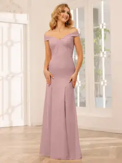 Sheath/Column Off-the-Shoulder Long Bridesmaid Dresses with Split Side — view 31